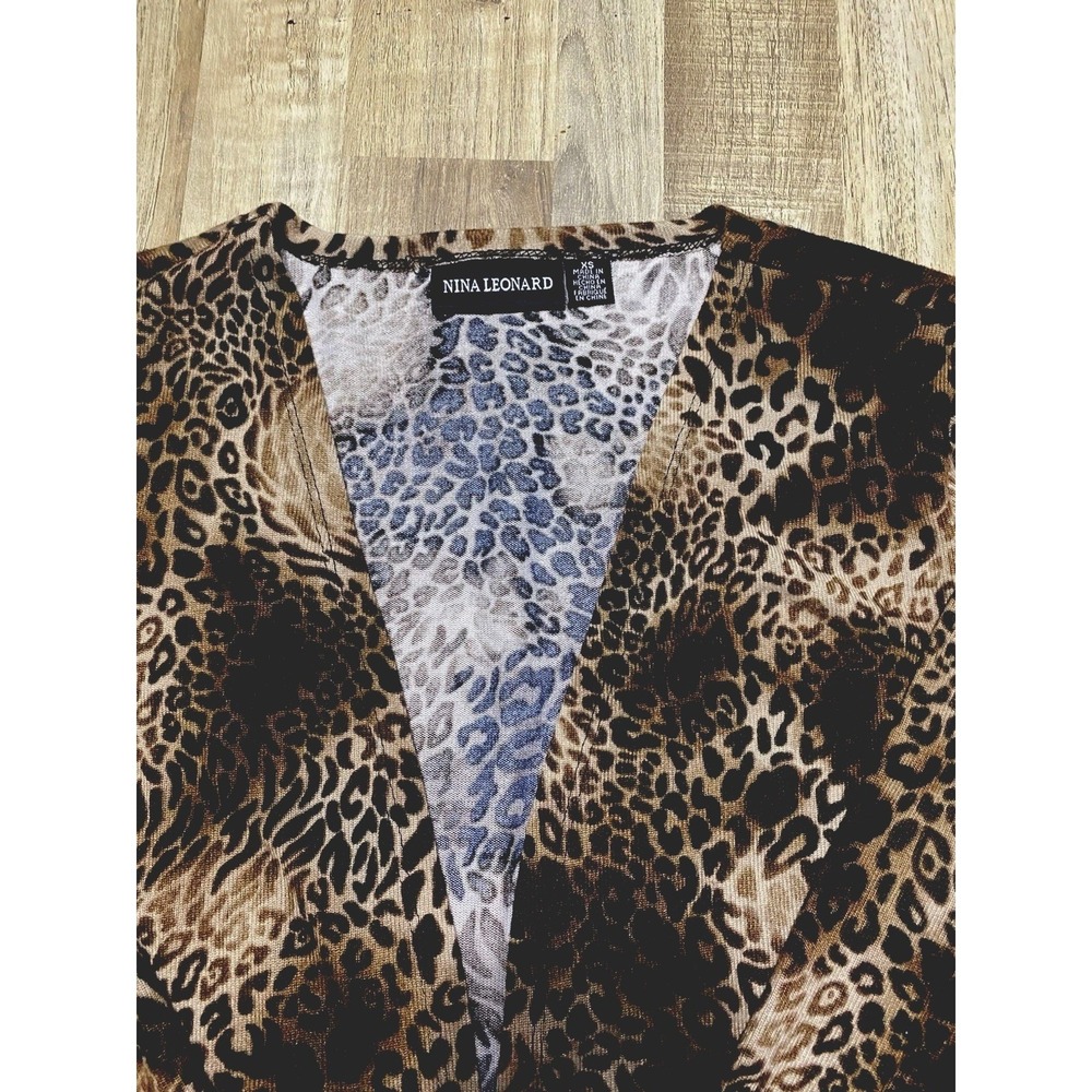 Nina Leonard Leopard Print Longline Cardigan Duster Brown Tan Women's‎  Size XS